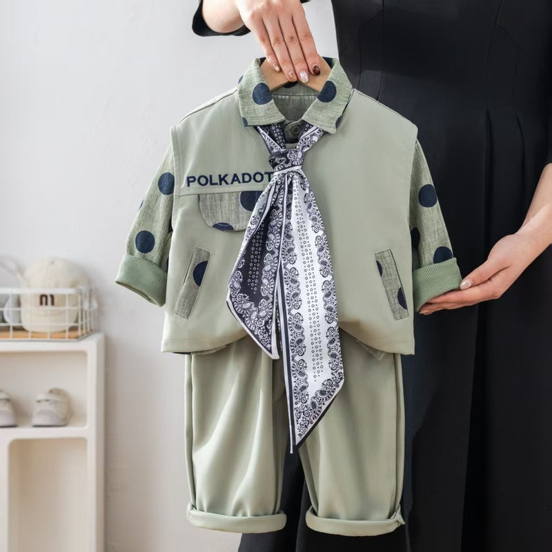 Boys' outfit set, stylish baby boy spring and autumn fashion trendy infant toddler clothing polka dot round-neck suit three-piece set
