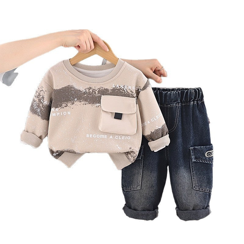 Boys' Spring and Autumn Outfit 2026 New Fashionable Tie-Dye Large Pocket Sweatshirt Korean Style Casual Two-Piece Set