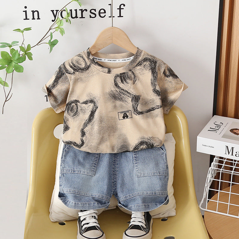 Boys' Outfit 2026 New Style Children's Thin Graffiti Short Sleeve Shorts Two-Piece Set Trendy Baby Summer Fashion