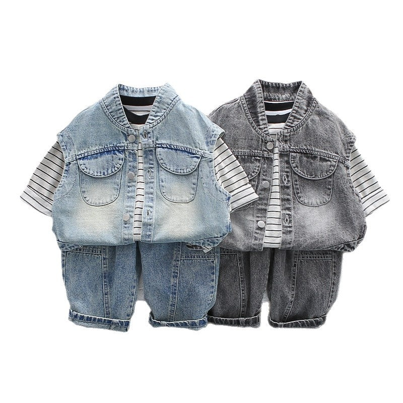 Boy's Trendy Stylish Striped Denim Vest Set 2026 New Model Infant Baby Children's Clothing Boys' Spring and Autumn Outfit