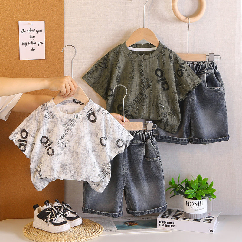 Boys' Letter Print Short Sleeve 2026 New Children's Summer Outfit Stylish Baby Korean Version Two-Piece Set Trendy