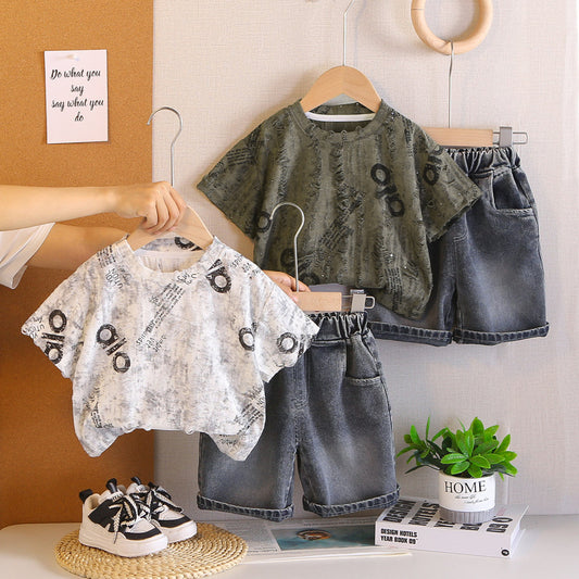 Boys' Letter Print Short Sleeve 2026 New Children's Summer Outfit Stylish Baby Korean Version Two-Piece Set Trendy