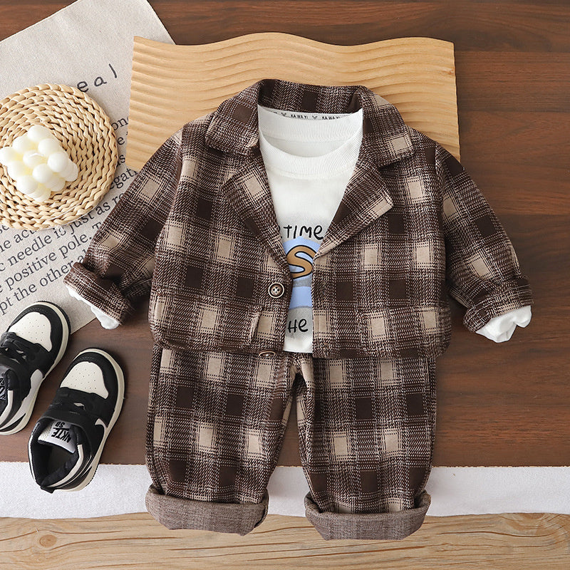Children's Outfit Boys' Casual Plaid Suit Stylish One-Year-Old Baby Spring and Autumn Three-Piece Set Infant Toddler