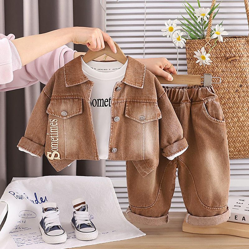 Boys' Outfit with Embroidered Letters, Stylish Baby Denim Spring Autumn Three-Piece Set, New Trendy Infant and Toddler Clothing