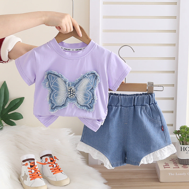 Girls' Outfit 2026 New Fashionable Casual Baby Girl Patch Butterfly Short Sleeve Summer Two-Piece Set
