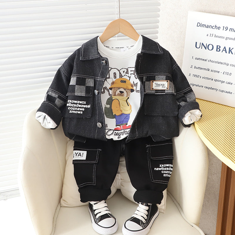 Boys' Spring and Autumn 2023 New Korean Style Casual Denim Three-Piece Set for 1-3 Year Olds