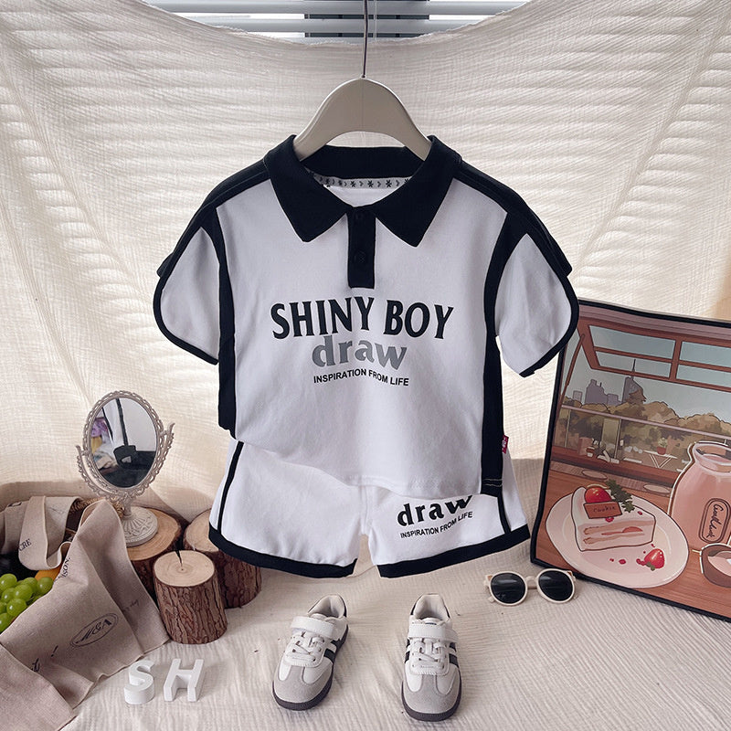 Baby 2026 Black and White Color Block Short Sleeve Korean Style Shorts Infant Boy Summer Clothes Two-Piece Set