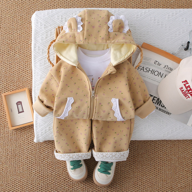 Girls' Outfit Stylish Baby Clothes Spring and Autumn Infant Toddler Full Print Small Flower Lace Three-Piece Set Trendy