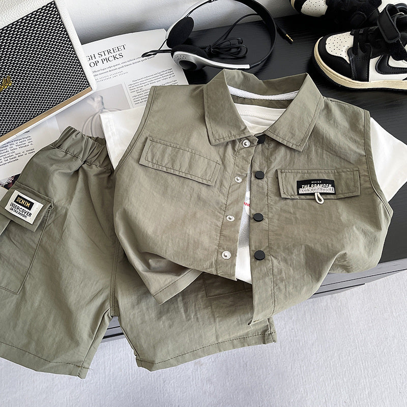Baby clothes summer 2026 new cardigan vest workwear short-sleeve suit thin style for one-year-old boys trendy toddler outfit