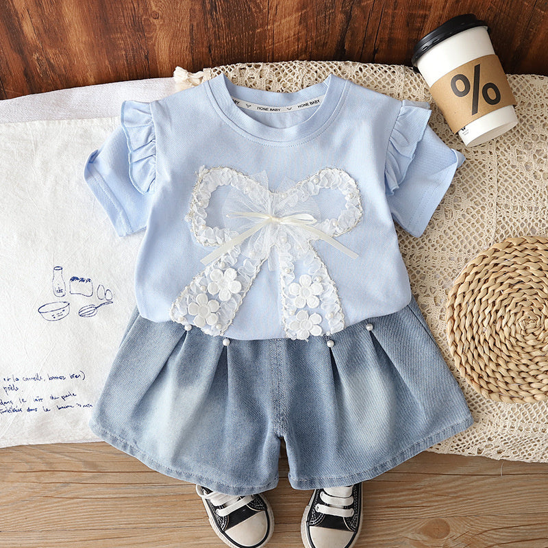 Girls' Short-Sleeve Outfit with Big Bow 1-4 Year Olds, Baby Clothes, Children's Wear, Lightweight Summer Clothing for Toddlers