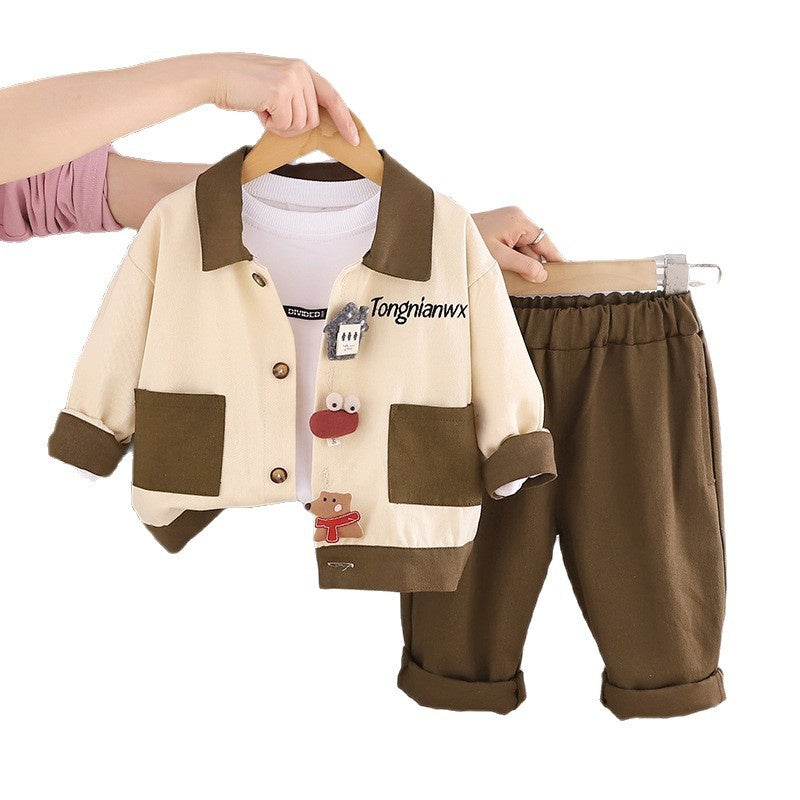 Boys' Color-Block Outfit, Children's 2026 Fashionable Baby New Three-Piece Set, Spring and Autumn Cartoon Jacket with Long Sleeves