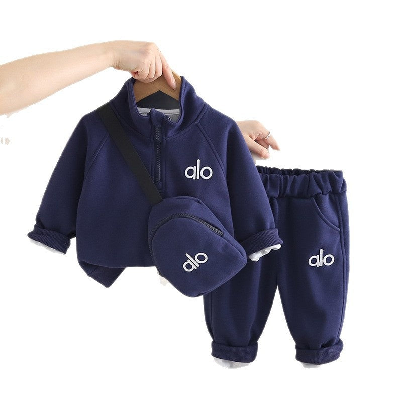 Trendy Boys Girls Crossbody Bag Half-Zip Spring and Autumn Sweatshirt Set 2025 New Children's Casual Sports Stylish Clothes