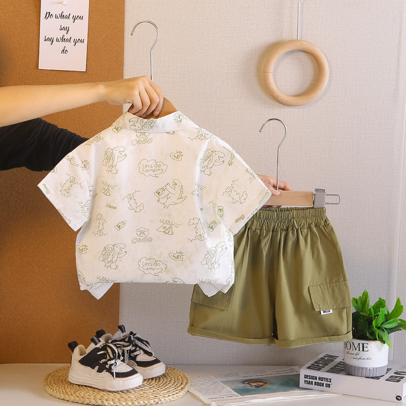 Boys' Summer Outfit 2026 New Style Pocket Dinosaur Short Sleeve Shorts Three-Piece Set Stylish for 1-4 Year Olds