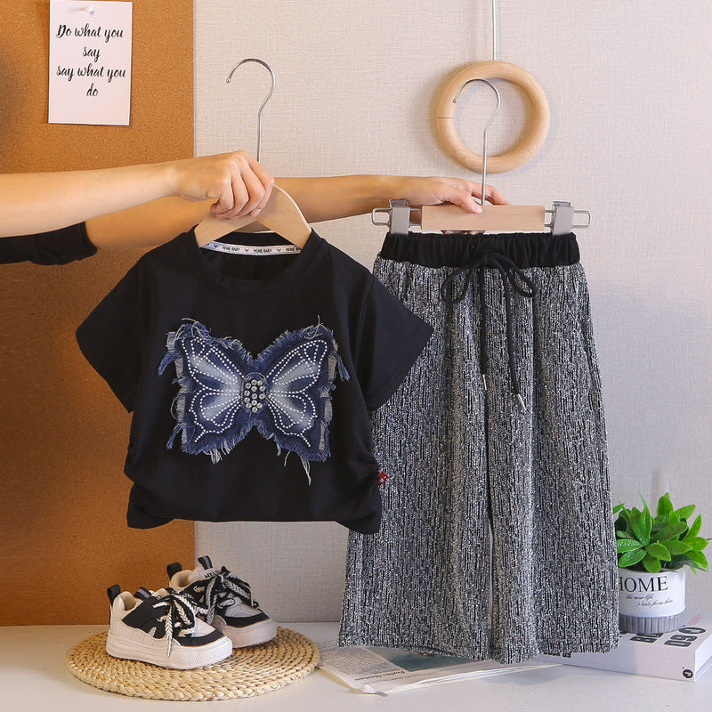 Girls' Outfit 2026 New Fashionable Children's Stylish Baby Girl Summer Dress with Butterfly Rhinestone Short Sleeve Two-Piece Set