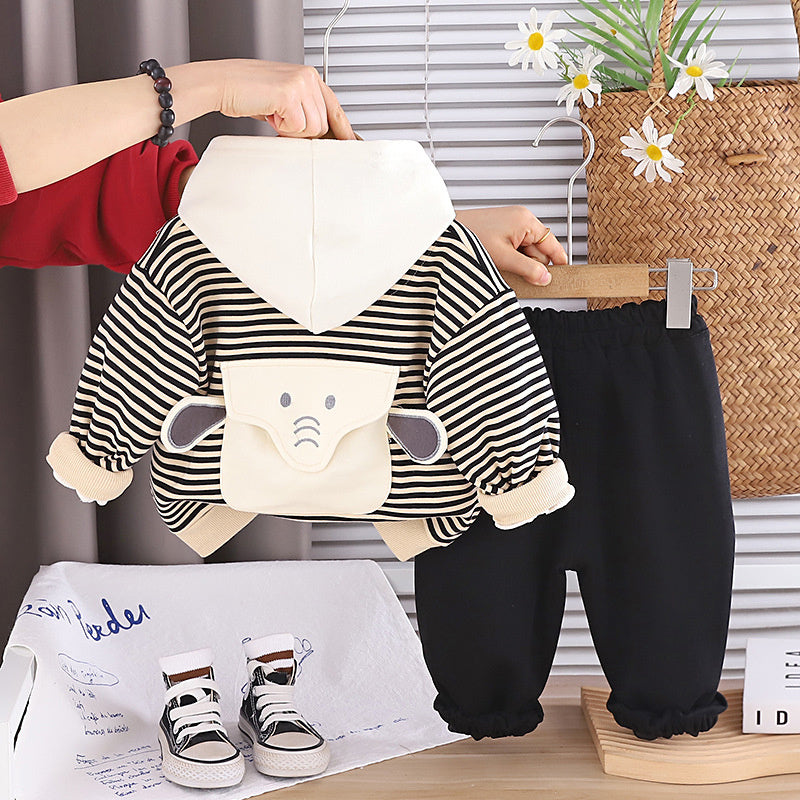 Boys' Outfit 2026 New Children's Spring and Autumn Baby Stylish Elephant Striped Cardigan Three-Piece Set Trendy