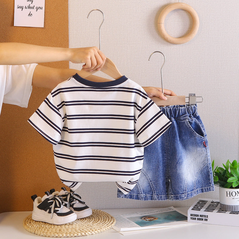 Boys' Round Neck Striped Short Sleeve 2026 New Children's Wear Baby Sports Summer Outfit Stylish Two-Piece Set
