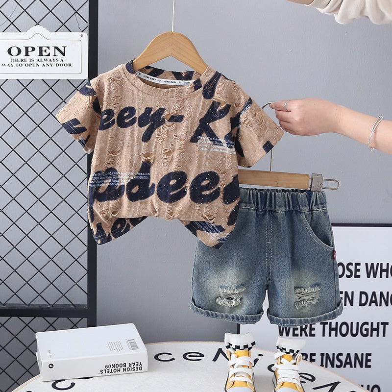 Boys Summer Suit Handsome 2025 New Korean Version Children's Stylish English Short Sleeve Baby Thin Two-Piece Set Trendy