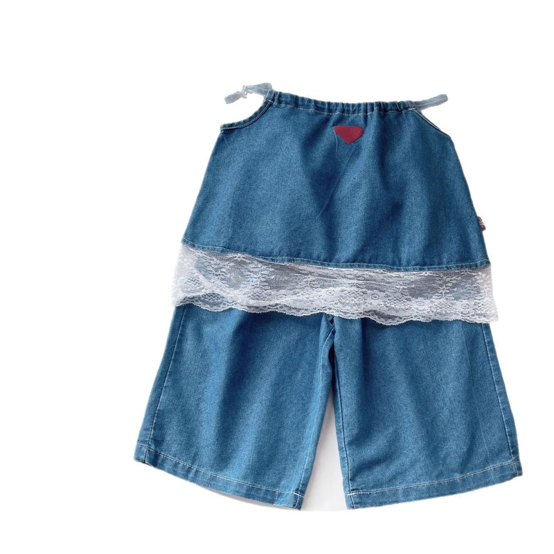 Girls' outfit new stylish toddler baby drawstring suspender denim shorts two-piece thin summer set