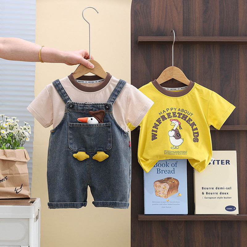 Children's Duck Denim Overalls 2025 New Boys' Summer Thin Short Sleeve Two-Piece Set Trendy