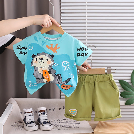 Kids Super Cute Boys' Short Sleeve Shorts Sports Set 2025 Summer New Thin Clothing for Newborn Baby Boys