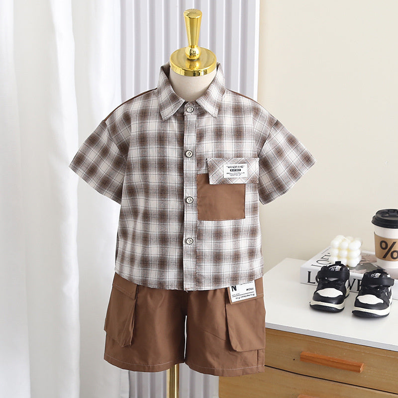 Boys' Outfit 2026 New Fashionable Patchwork Plaid Two-Piece Set Baby Summer Short-Sleeve Infant Clothes Trendy