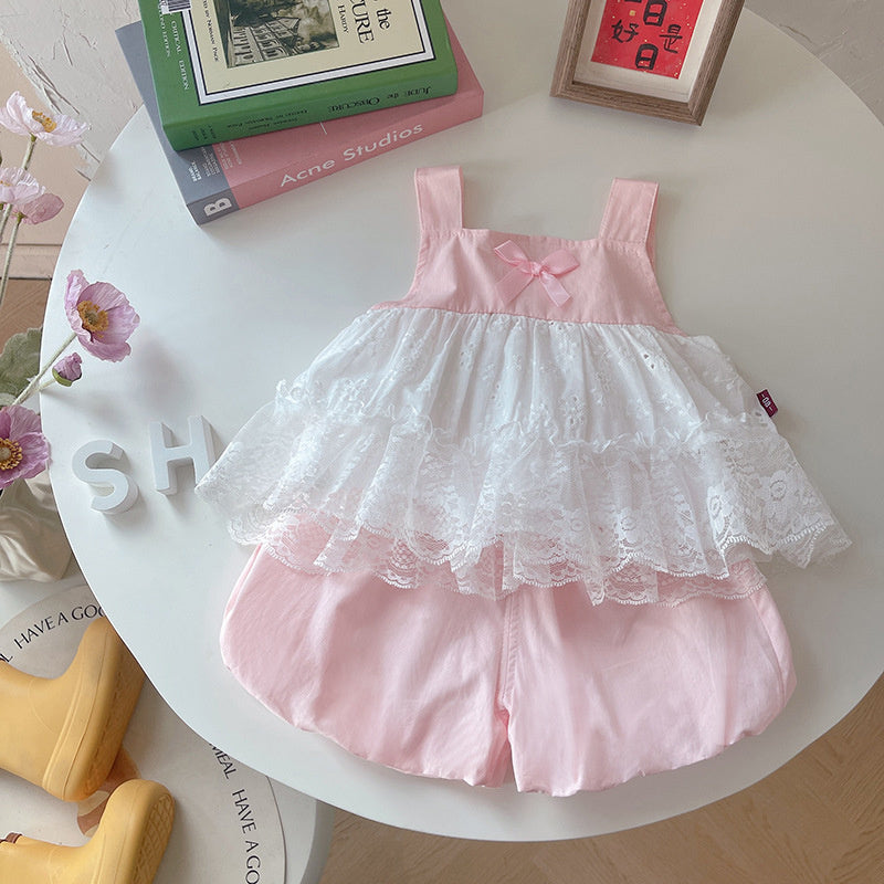 Girls' Sleeveless Square Neck Lace Dress Set 2026 New Style Baby Girl Clothes Children's Summer Two-Piece Outfit