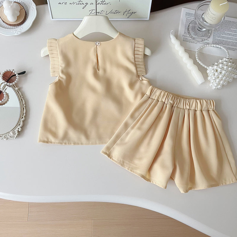 Girls' Outfit 2024 Summer New Korean Style Floral Vest Shirt + Shorts Children's Princess Two-Piece Set