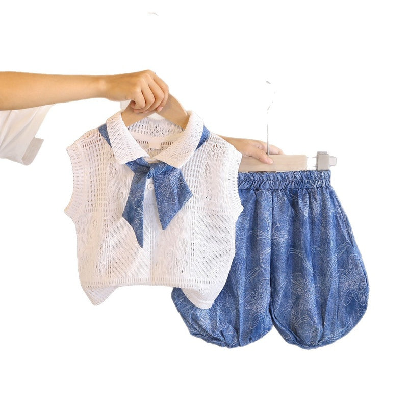 Girls' Summer Hollow Out Sleeveless Silk Scarf Vest Set 2026 New Fashionable Baby Clothes Children's Trendy Clothing