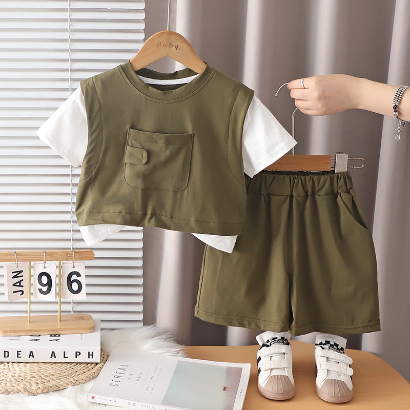 Boys' Summer Outfit 2026 New Fashionable Baby Toddler Single-Pocket Short-Sleeve Shorts Two-Piece Set Trendy