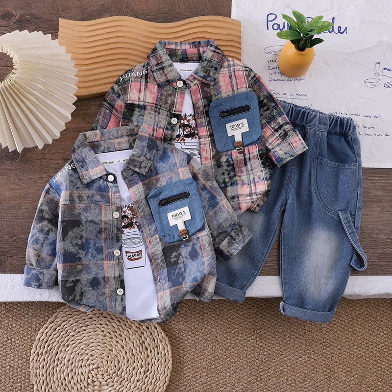 Boys' Korean-style outfit 2026 collection, new spring and autumn stylish plaid tie-dye shirt three-piece set for toddlers