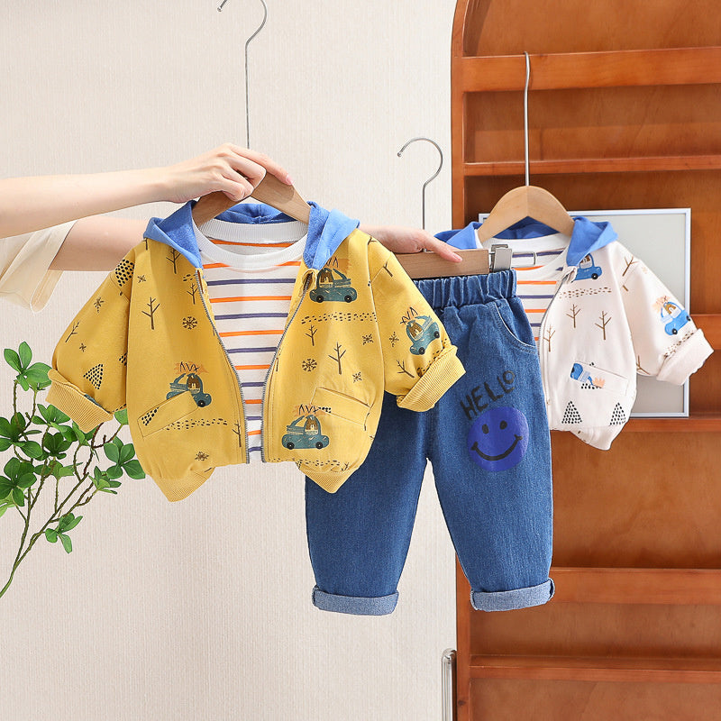 Boys' Autumn Outfit New Korean Version Zipper Hoodie Jacket Baby Stylish Three-Piece Set Wholesale Children's Clothing
