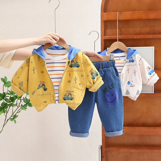 Boys' Autumn Outfit New Korean Version Zipper Hoodie Jacket Baby Stylish Three-Piece Set Wholesale Children's Clothing