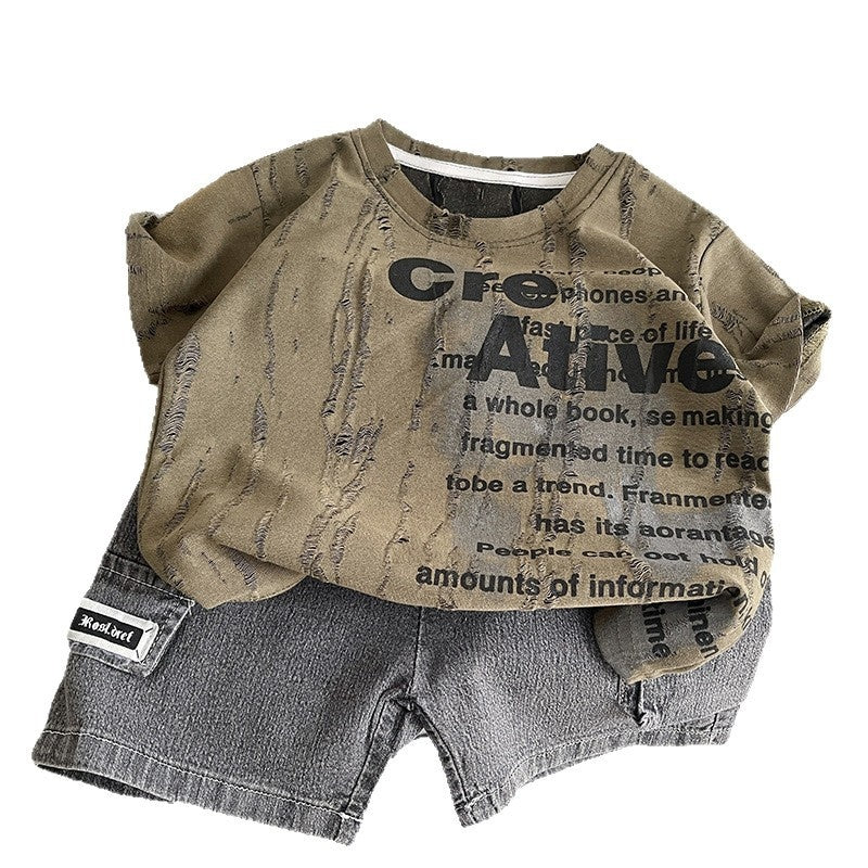 Boys' Summer Short-Sleeve Set 2026 New Stylish Baby English Clothes Trendy Casual Two-Piece Outfit for Little Boys