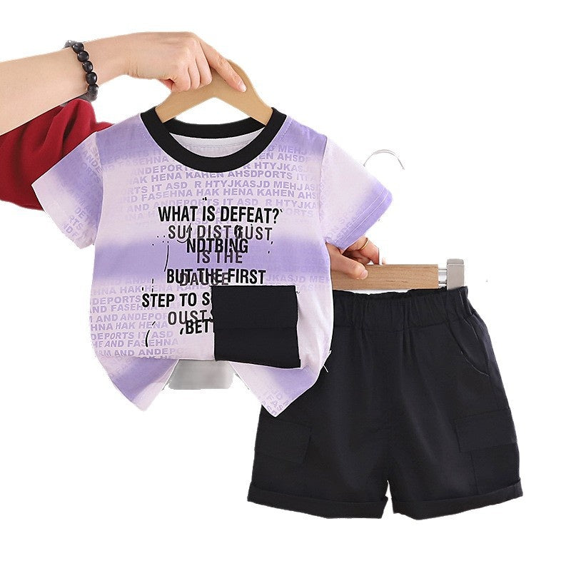 Baby boy short-sleeve two-piece set 2026 new children's summer clothing thin gradient wide stripe pocket suit for boys