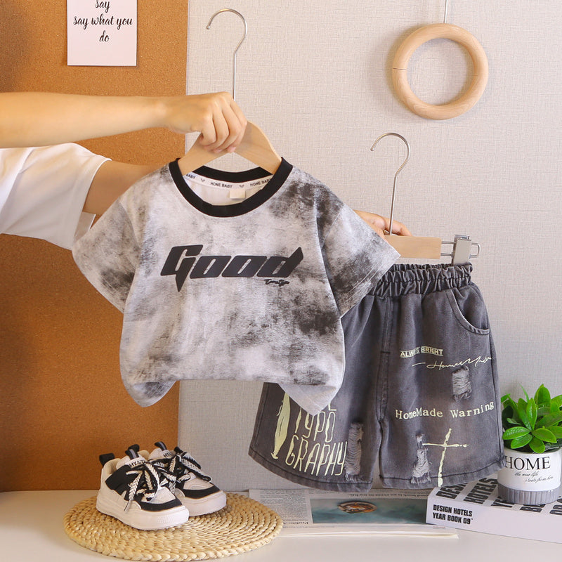 New stylish outfit boys, thin two-piece set with gradient letter print short sleeves, trendy summer clothing for babies
