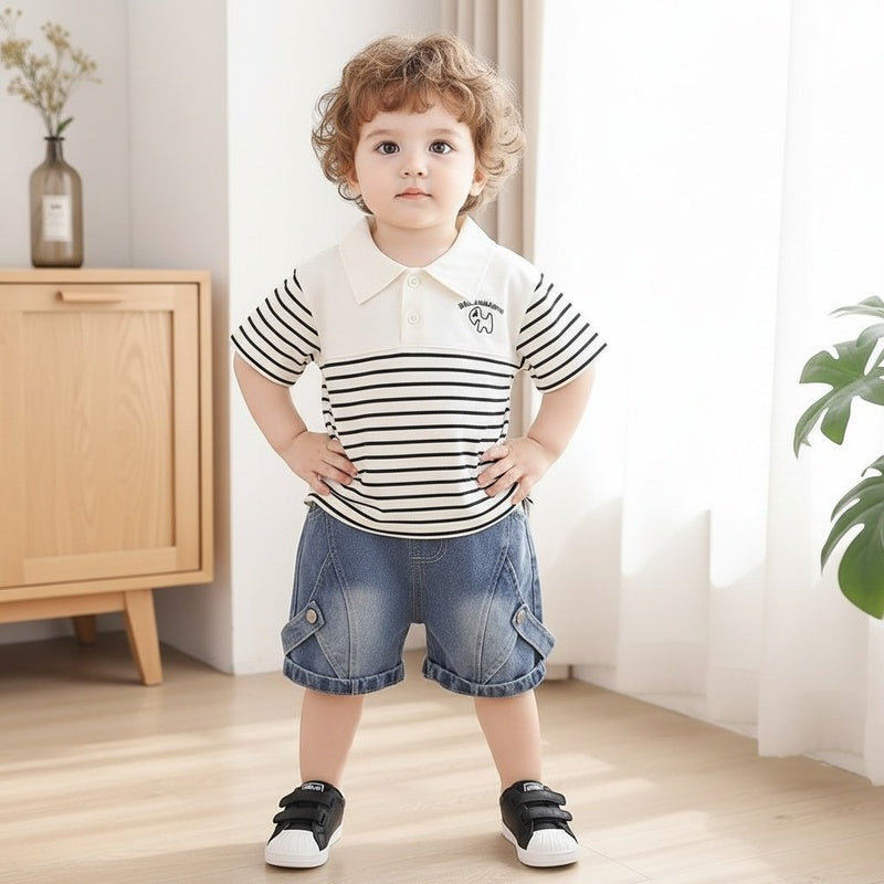 Boys' Outfit 2026 New Fashionable Set for 1-3 Year Olds, Children's Summer Clothes with Patchwork Short Sleeves