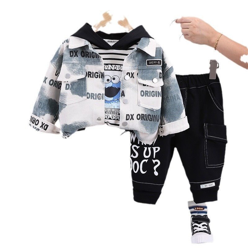 Jacket 2024 New Style Boys' Spring and Autumn Fashionable Letter Print Cool Three-Piece Set