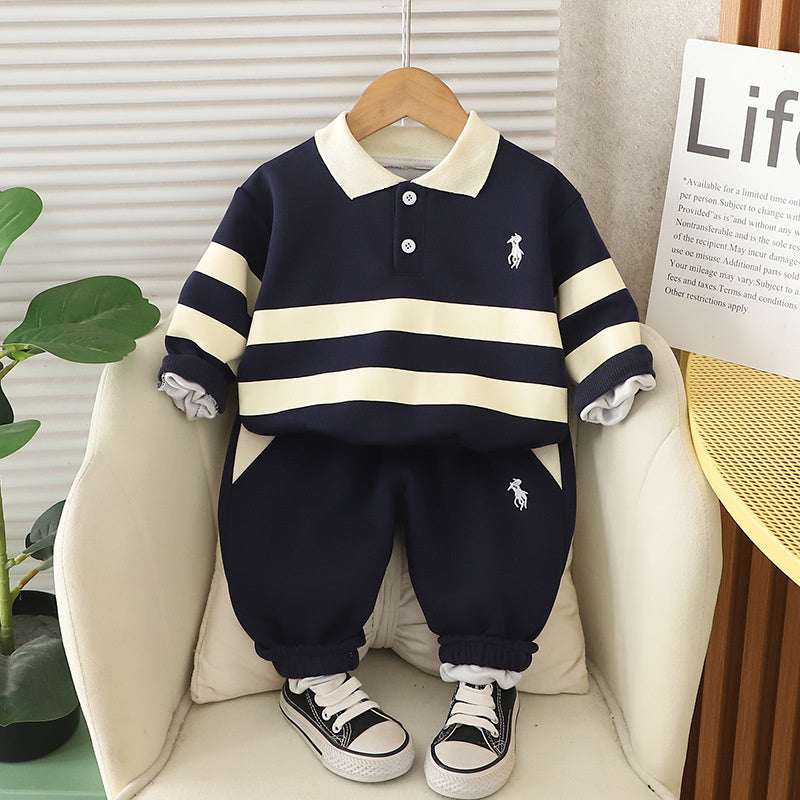 Boys' and Autumn Outfit Baby Spring Clothes Infant Children's Clothing New Embroidered Striped Polo Two-Piece Set for Boys