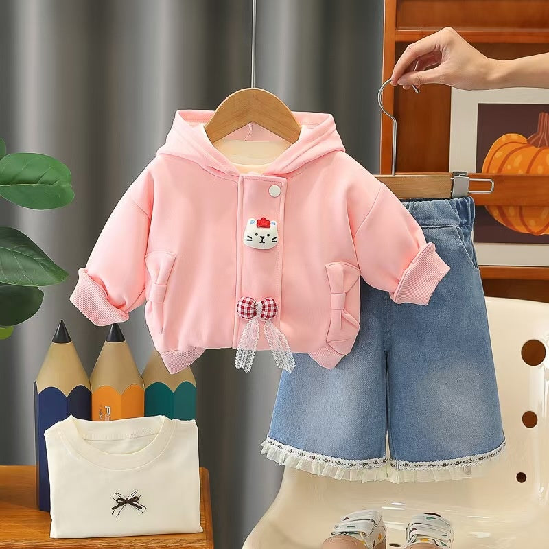 Girls' Spring Outfit 2026 New Fashionable Children's Crown Cat Three-Piece Set Little Girl Clothes Baby Coat