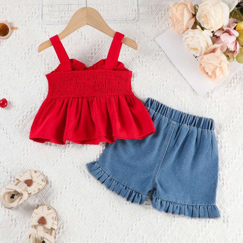 Exclusive for cross-border foreign trade: Girls' summer ruffled camisole top + embroidered denim pocket shorts set