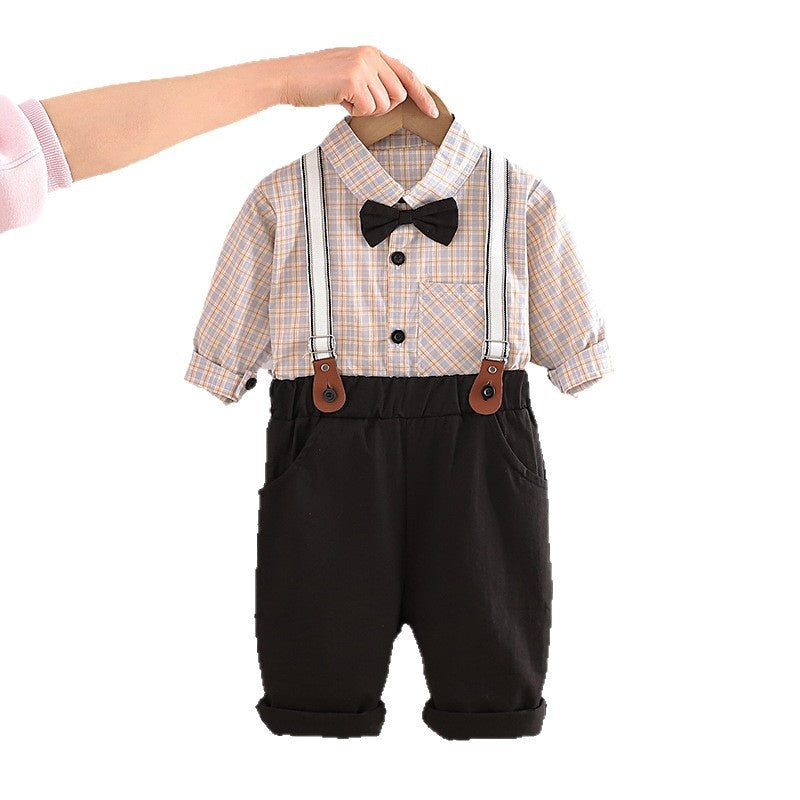 Baby Autumn Outfit: Plaid Shirt and Overalls Set, Stylish Spring-Autumn Clothes for 1-3 Year Olds, Two-Piece Trendy Children's Clothing