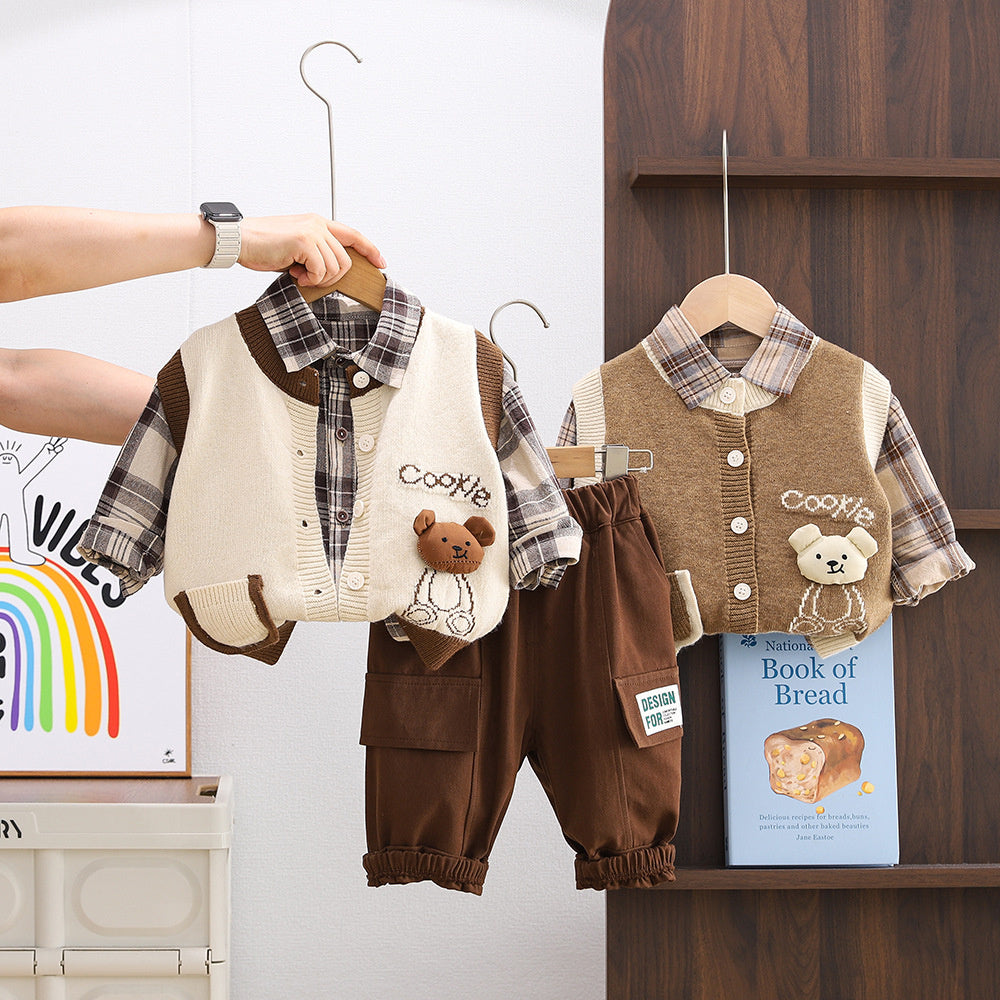 Baby Spring and Autumn 1-3 Years Old Boys Bear Sweater Three-Piece Set Trendy Toddler Korean Style Fashionable Clothes Children's Fashion