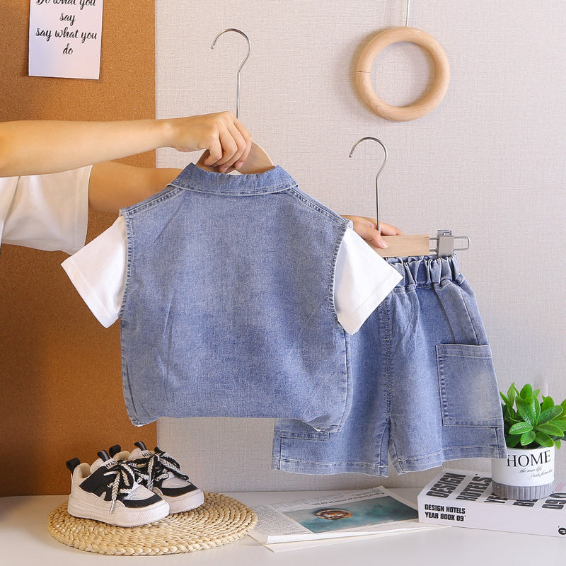 Children's clothing for boys, stylish outfit, baby summer pocket denim short-sleeve clothes, infant casual three-piece set