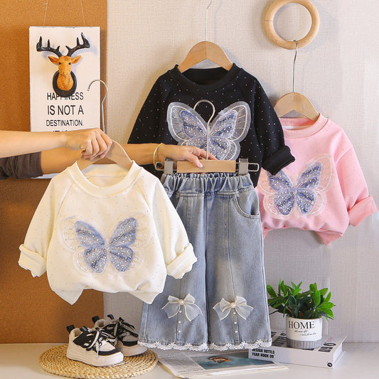 Spring Baby Butterfly Round Neck Sweatshirt 2026 New Casual Stylish Sleeve Long Pants Two-Piece Set for Girls