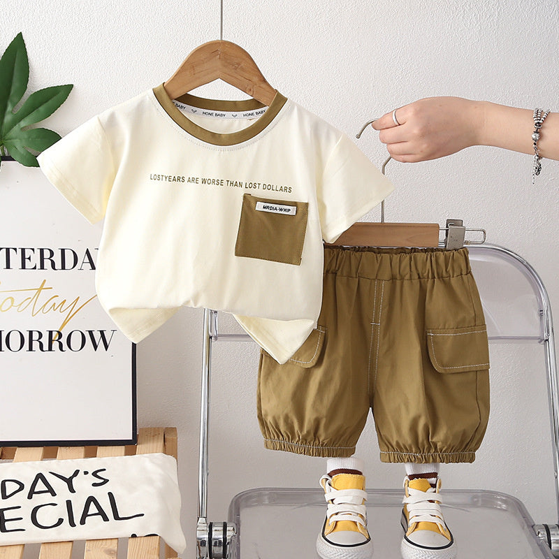 Boys' Outfit 2026 New Model Children's Short-Sleeve Fashionable Stylish Baby Summer Letter Pocket Logo Two-Piece Set