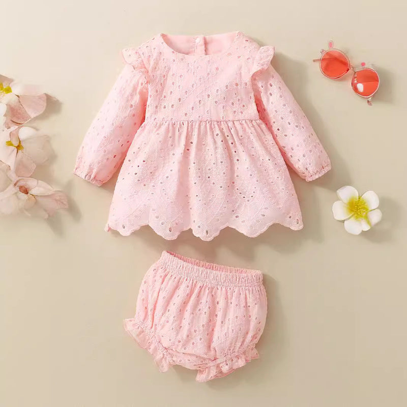 Cross-border infant cotton dyed pink and white long-sleeved dress + shorts two-piece set AL064 #