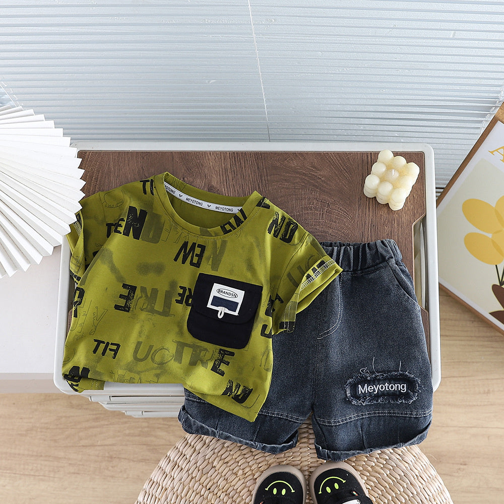 Boys' Outfit 2026 New Short-Sleeve Stylish Toddler Summer Clothes Letter Pocket Round Neck Two-Piece Set Baby Trendy