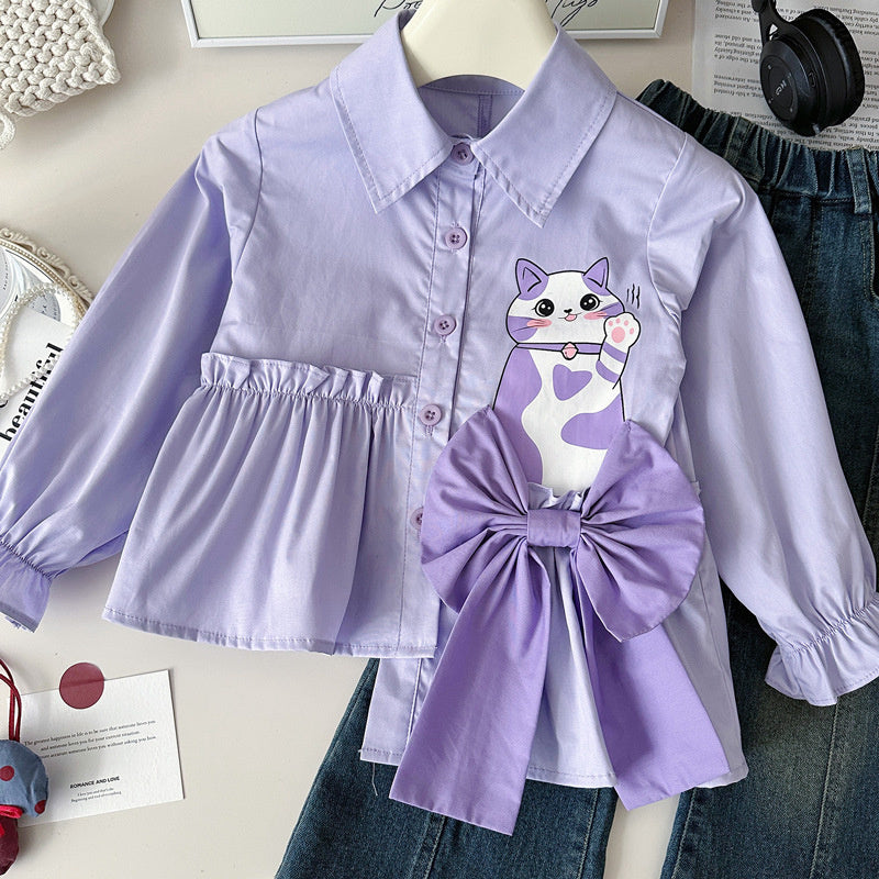 Girls' Spring Outfit 2025 New Korean Style Fashionable Long Sleeve Shirt and Denim Flared Pants Two-Piece Set Trendy