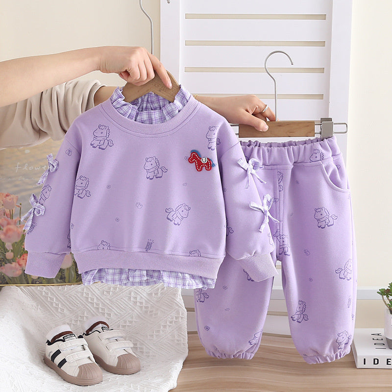 Girls' and Autumn 2026 New Stylish Children's Clothing Full Print Pony Sweatshirt Spring Outfit Baby Girl Long Sleeve Two-Piece Set