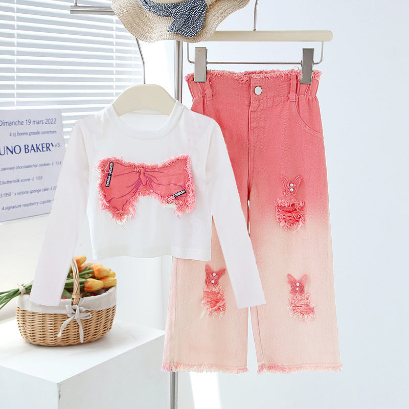 Outfit 2025 Children's Sleeveless Ripped Jeans Two-Piece Set for Big Girls Summer Fashion